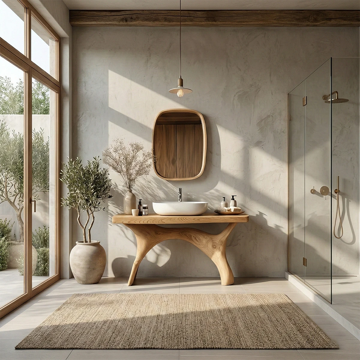 Solid oak vanity table with artistic wood base