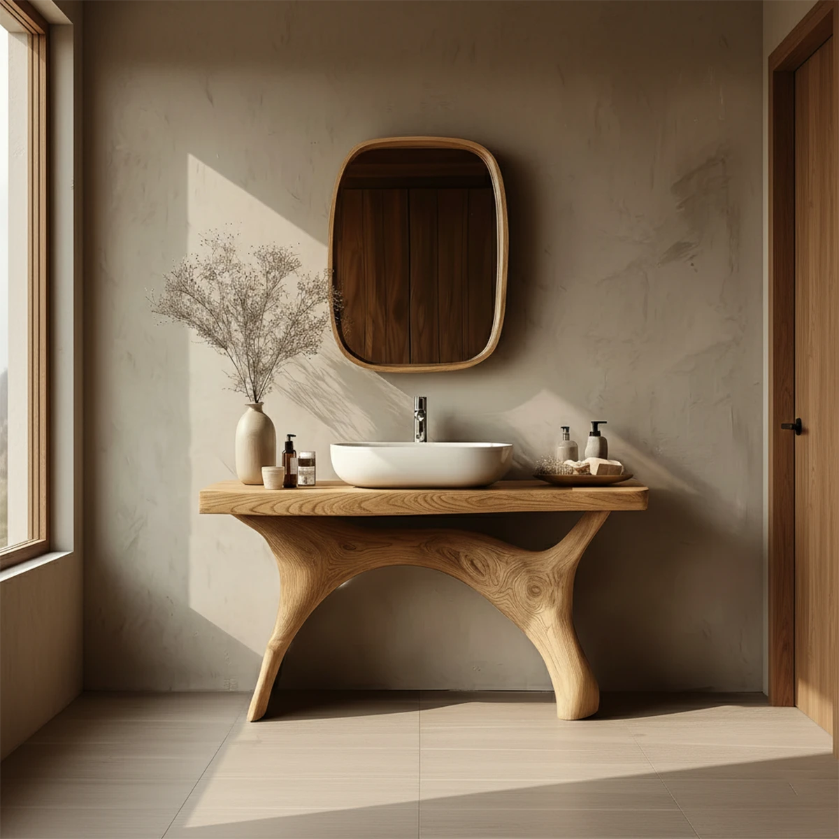 Natural oak bathroom vanity organic sculptural style