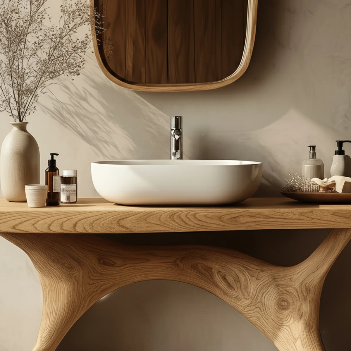 Contemporary oak wood vanity with carved leg design