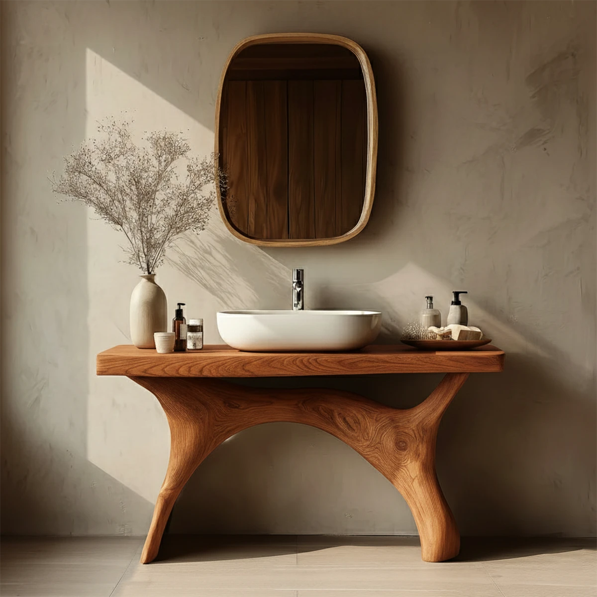 Elegant oak bathroom vanity with sculpted support