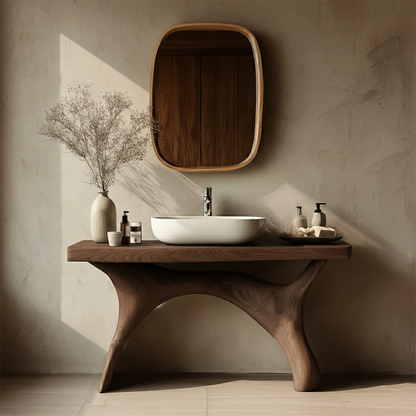 Modern oak wood vanity with artistic wooden legs