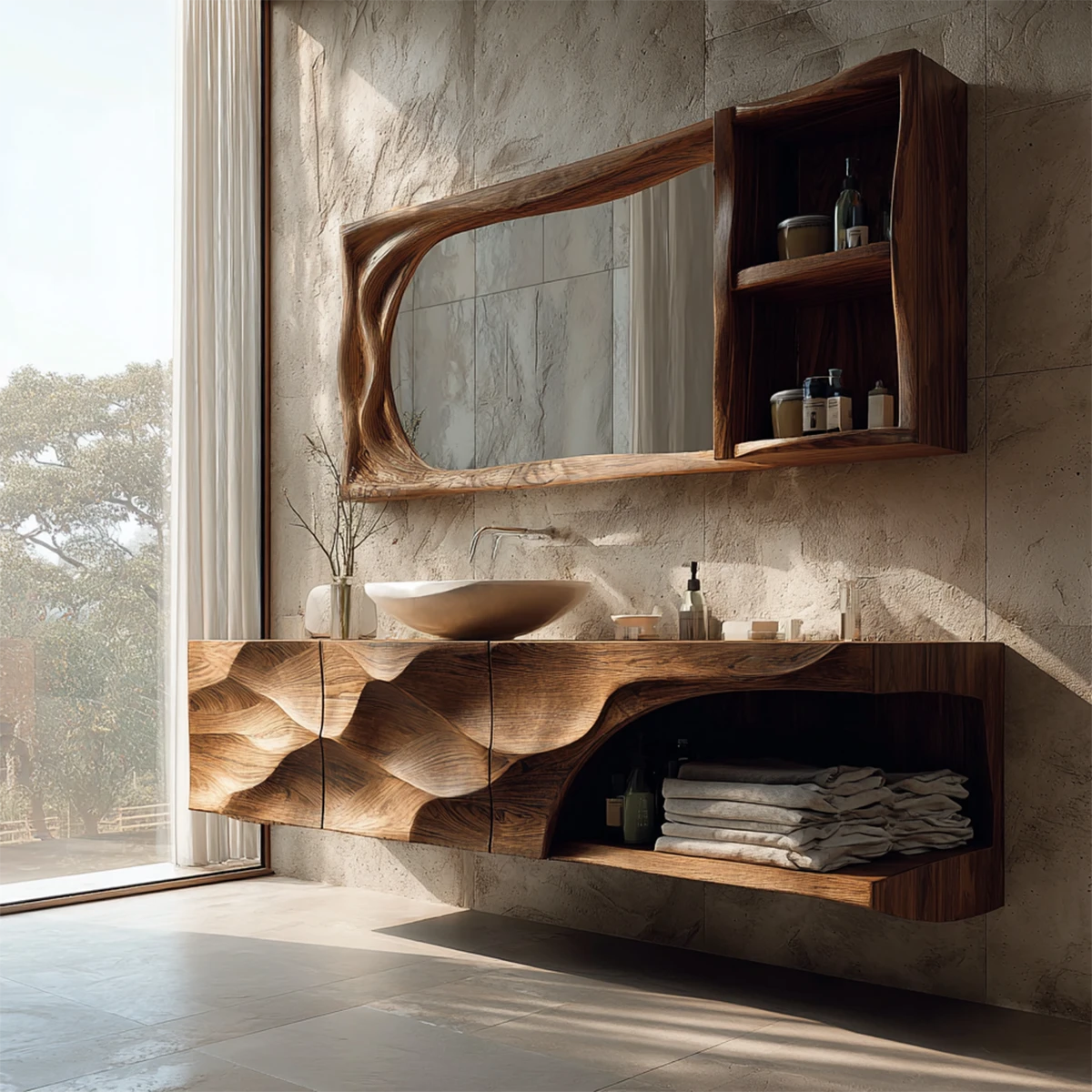 Organic carved wood vanity with floating design – wood bathroom vanity