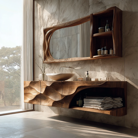 Organic carved wood vanity with floating design – wood bathroom vanity