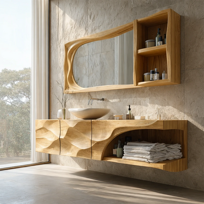 Floating vanity with sculpted wood front – floating wooden vanity