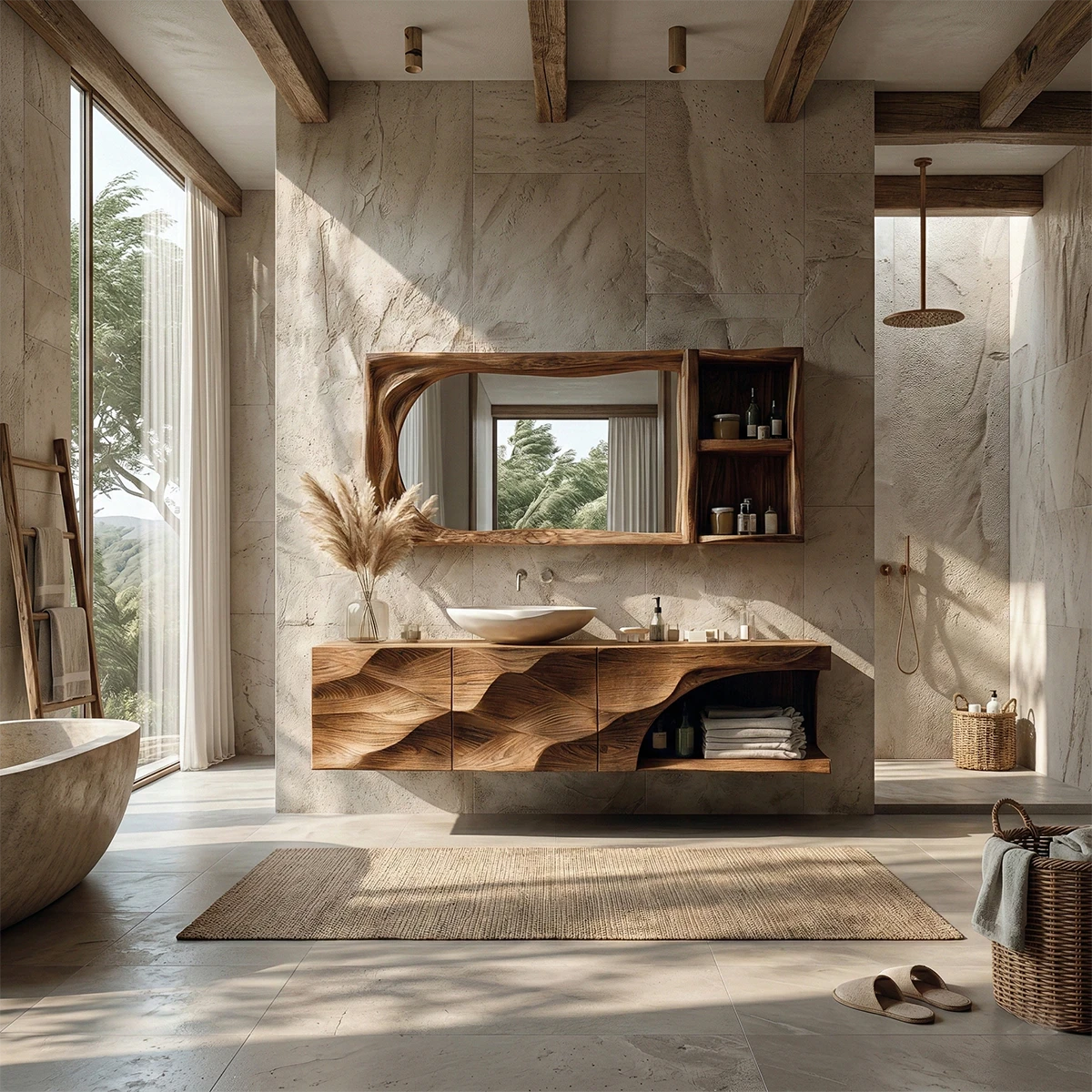 Sculpted floating wood cabinet in modern bathroom – floating wood bathroom vanity