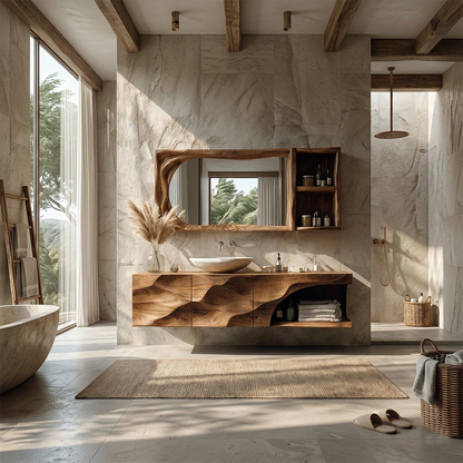 Sculpted floating wood cabinet in modern bathroom – floating wood bathroom vanity