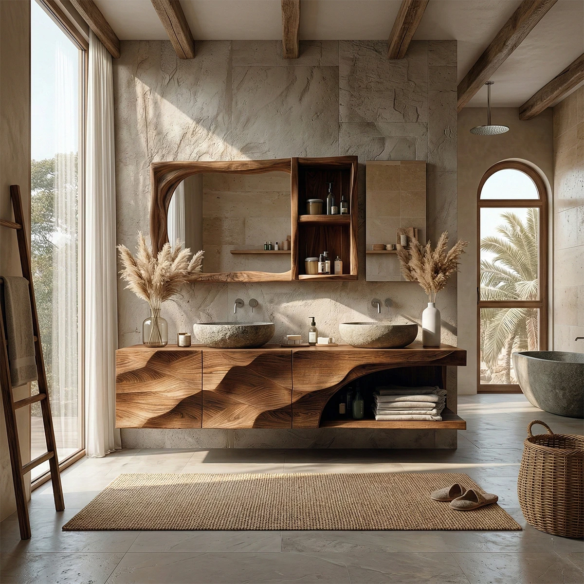 Natural wood vanity with wave carving – modern wood bathroom vanity