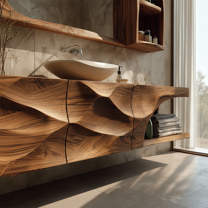 Contemporary carved wood vanity – natural wood bathroom vanity