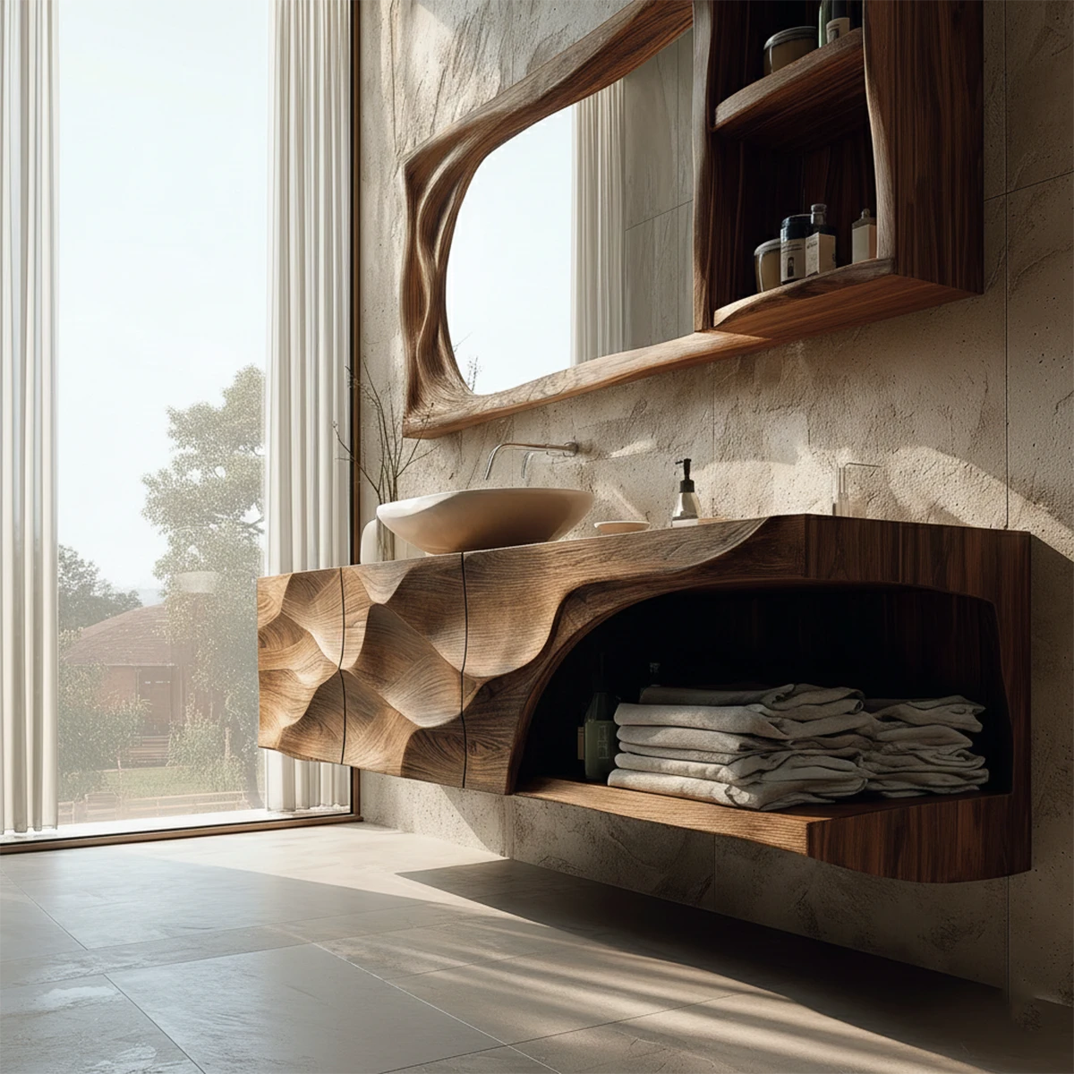 Elegant floating wood vanity with texture – floating wood bathroom vanity