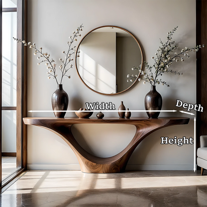 Unique walnut console table with curved wood pedestal