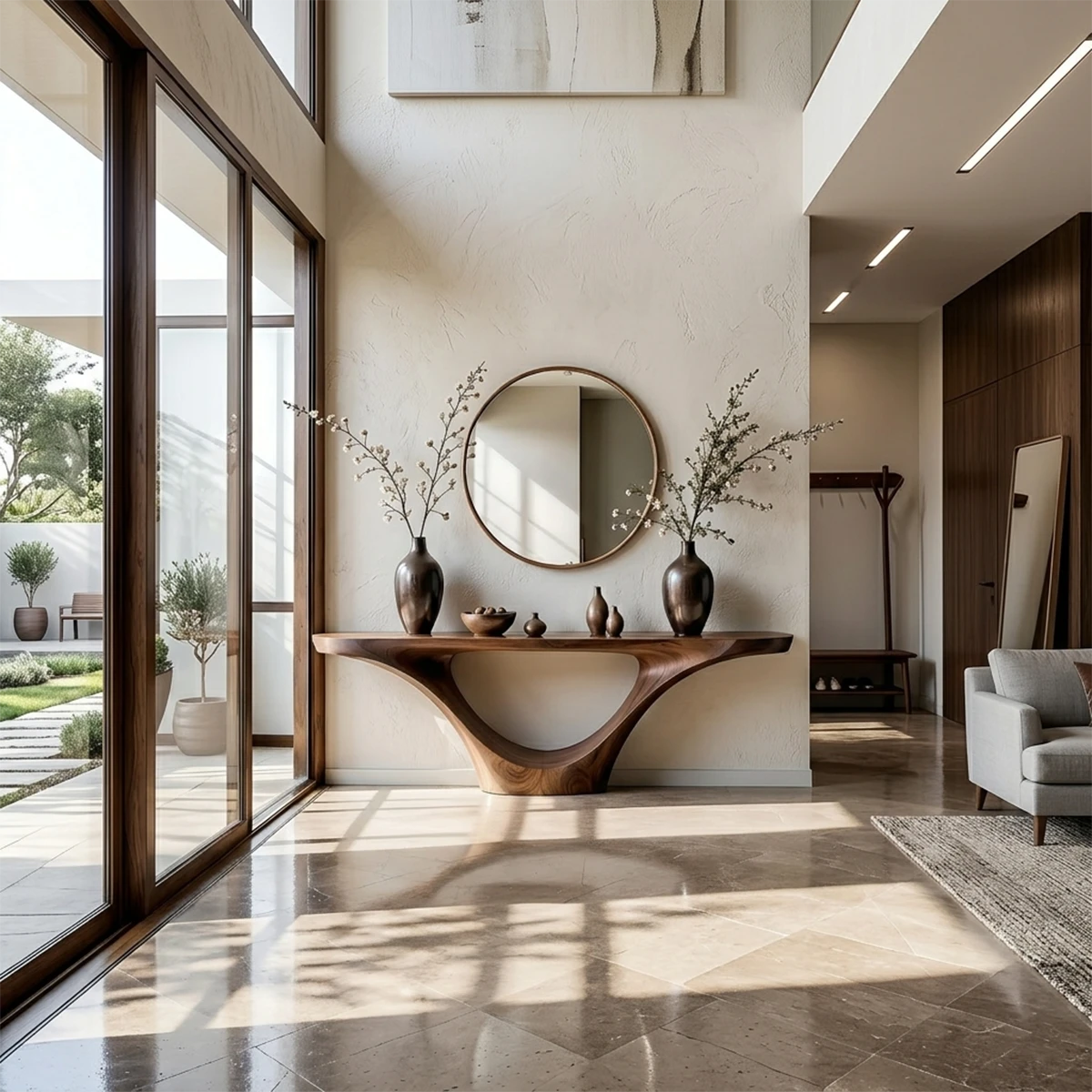 Sculptural walnut console table with organic base design