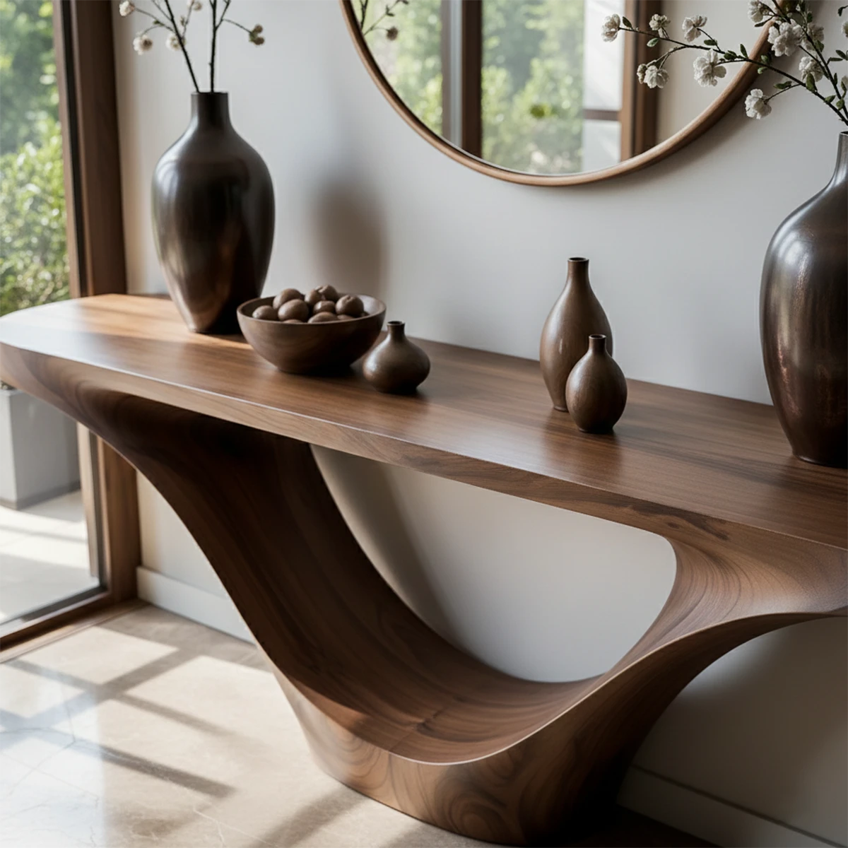 Artistic walnut console table with organic wood base