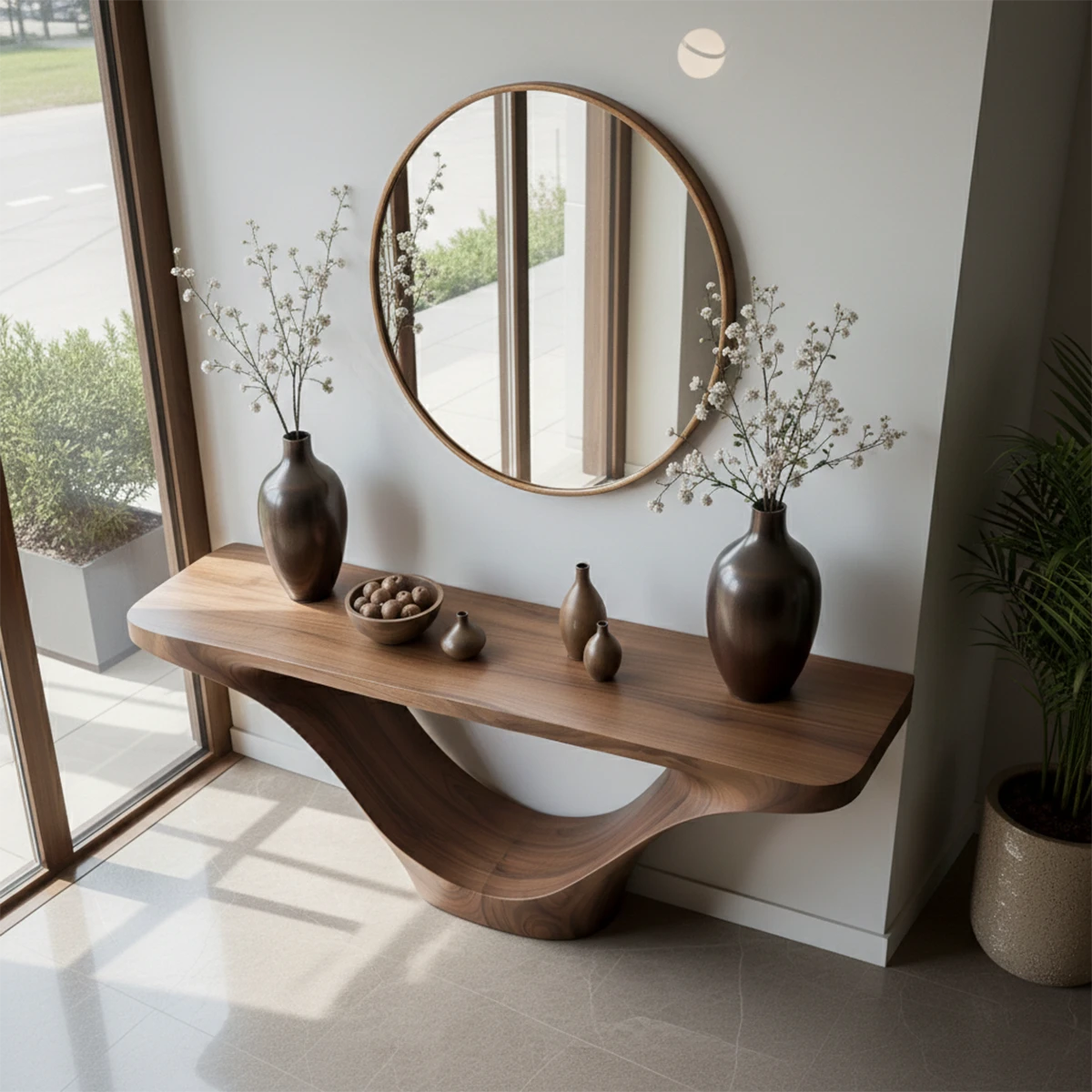 Contemporary walnut console table with flowing base