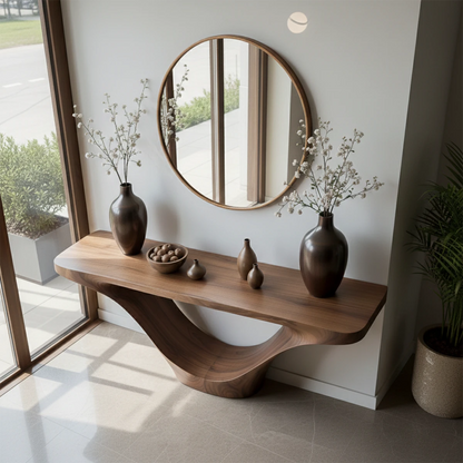 Contemporary walnut console table with flowing base