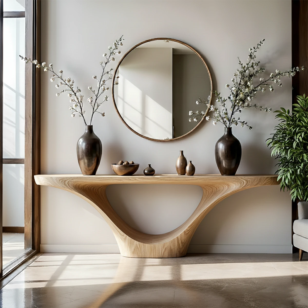Designer walnut console table with sculptural wood base