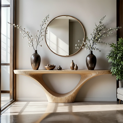 Designer walnut console table with sculptural wood base