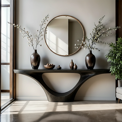 Elegant walnut console table with fluid curve structure