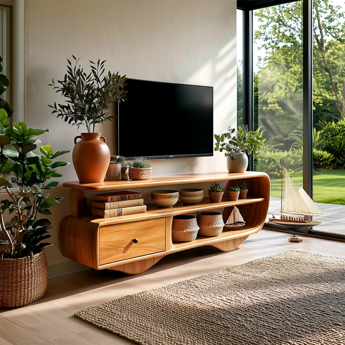 Organic shape TV cabinet with open shelves and light natural wood tone in sunlit living space