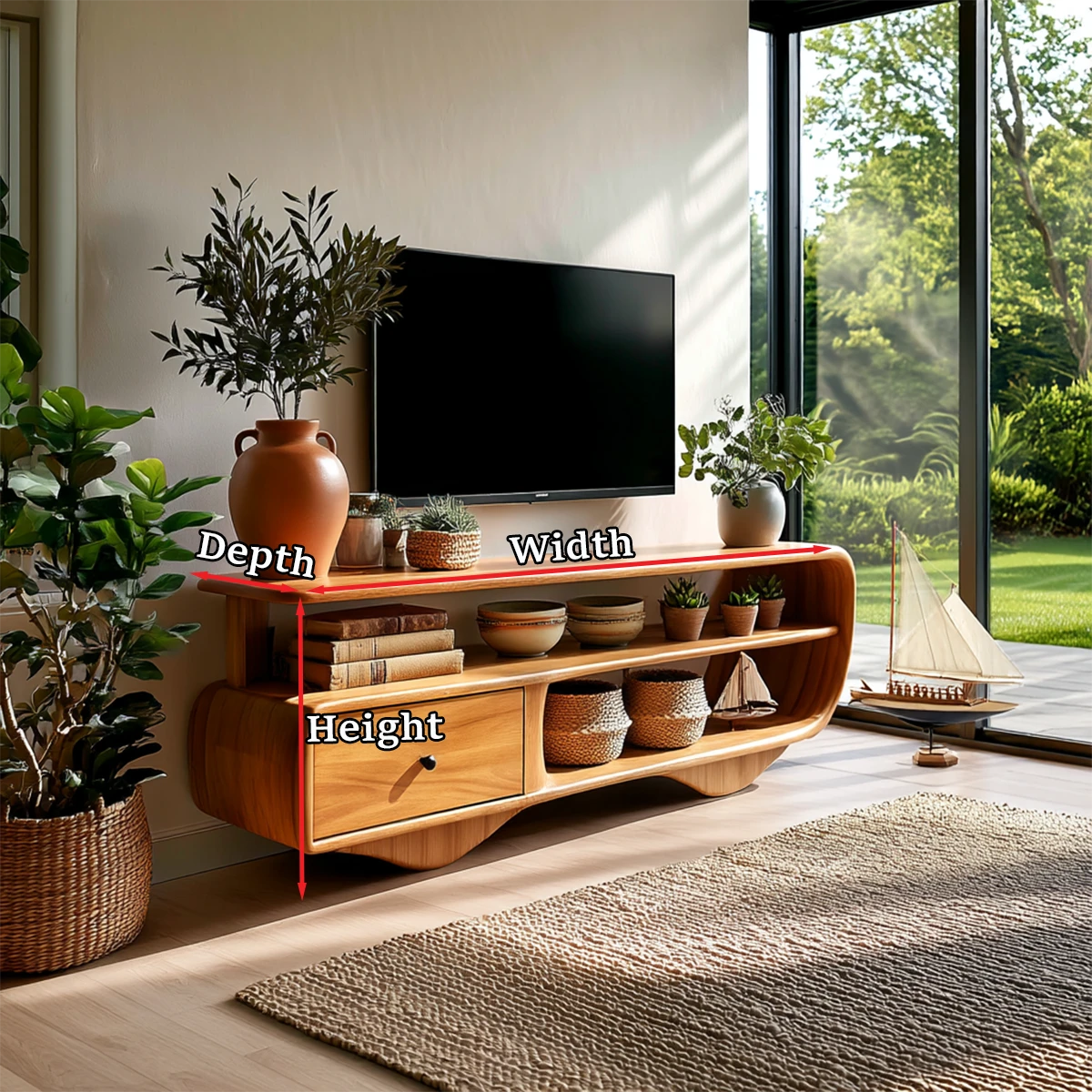 Bright modern room with a low TV cabinet offering storage and clean wood finish