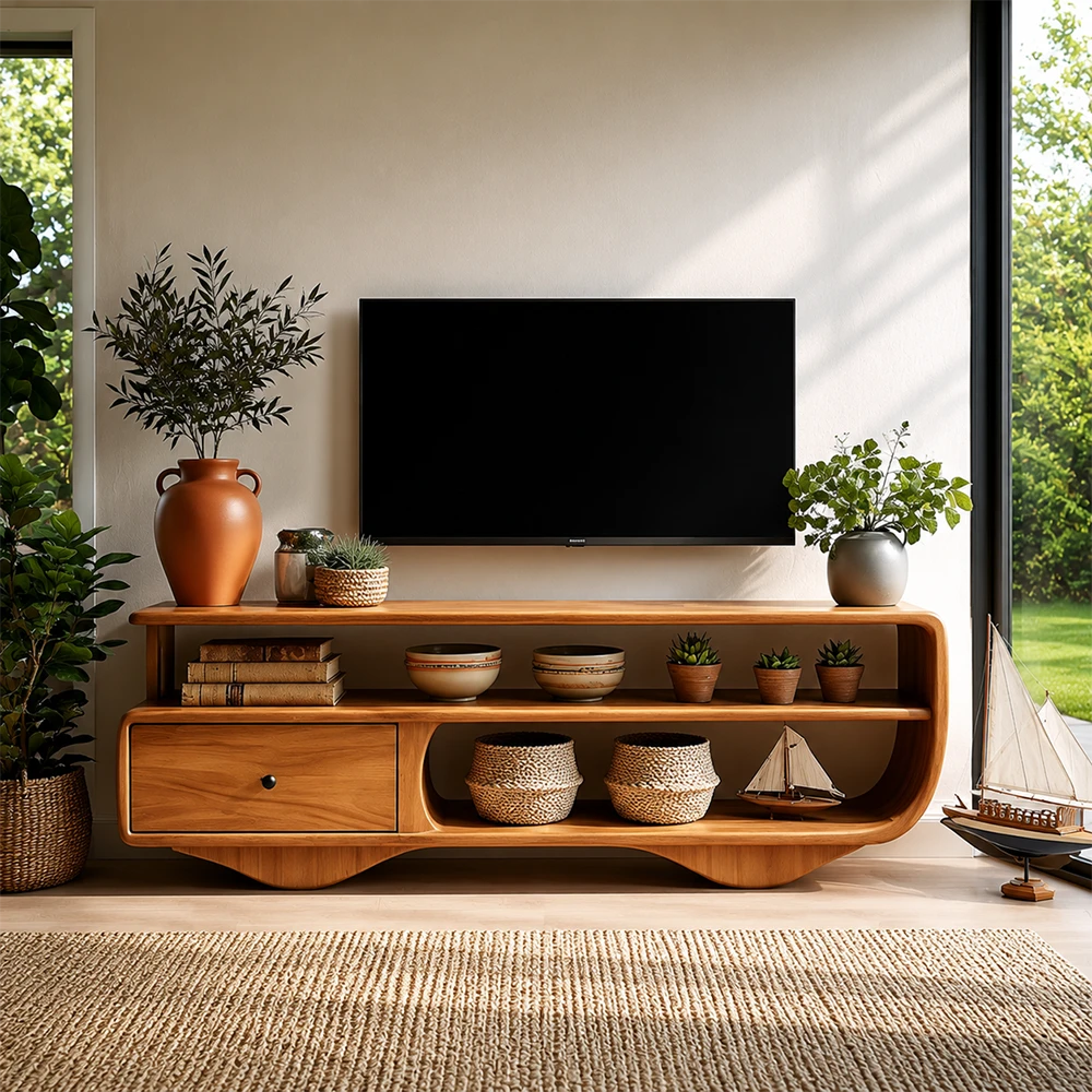 Wooden TV stand with decorative items in a living room setting