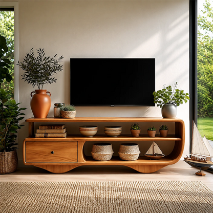 Wooden TV stand with decorative items in a living room setting