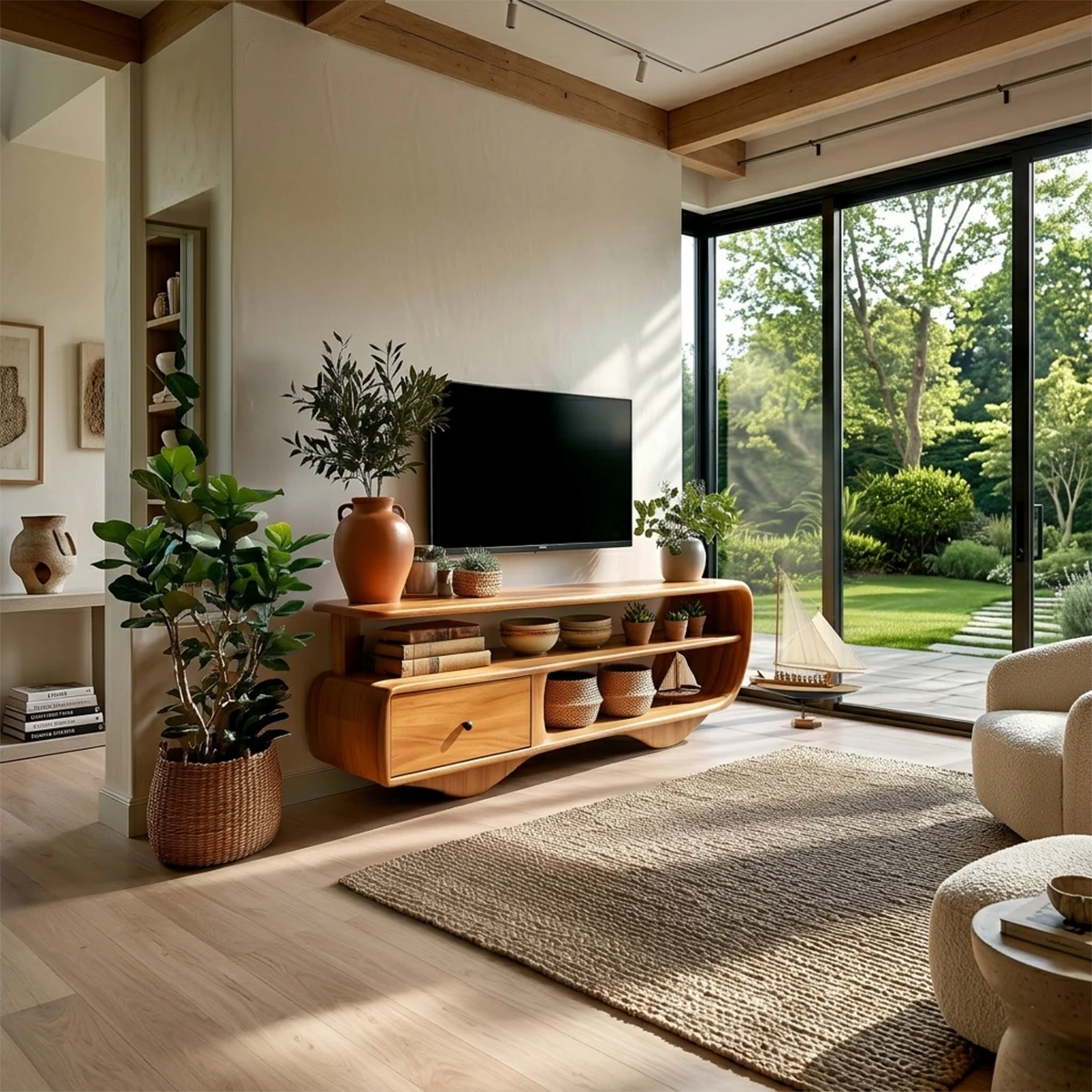 Relaxed living room scene with low media unit featuring curved frame and open storage