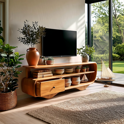 Modern home setup using a compact entertainment cabinet with drawer and shelf storage