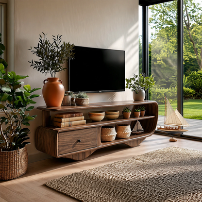 Cozy interior featuring a low wooden media cabinet with organized open storage sections