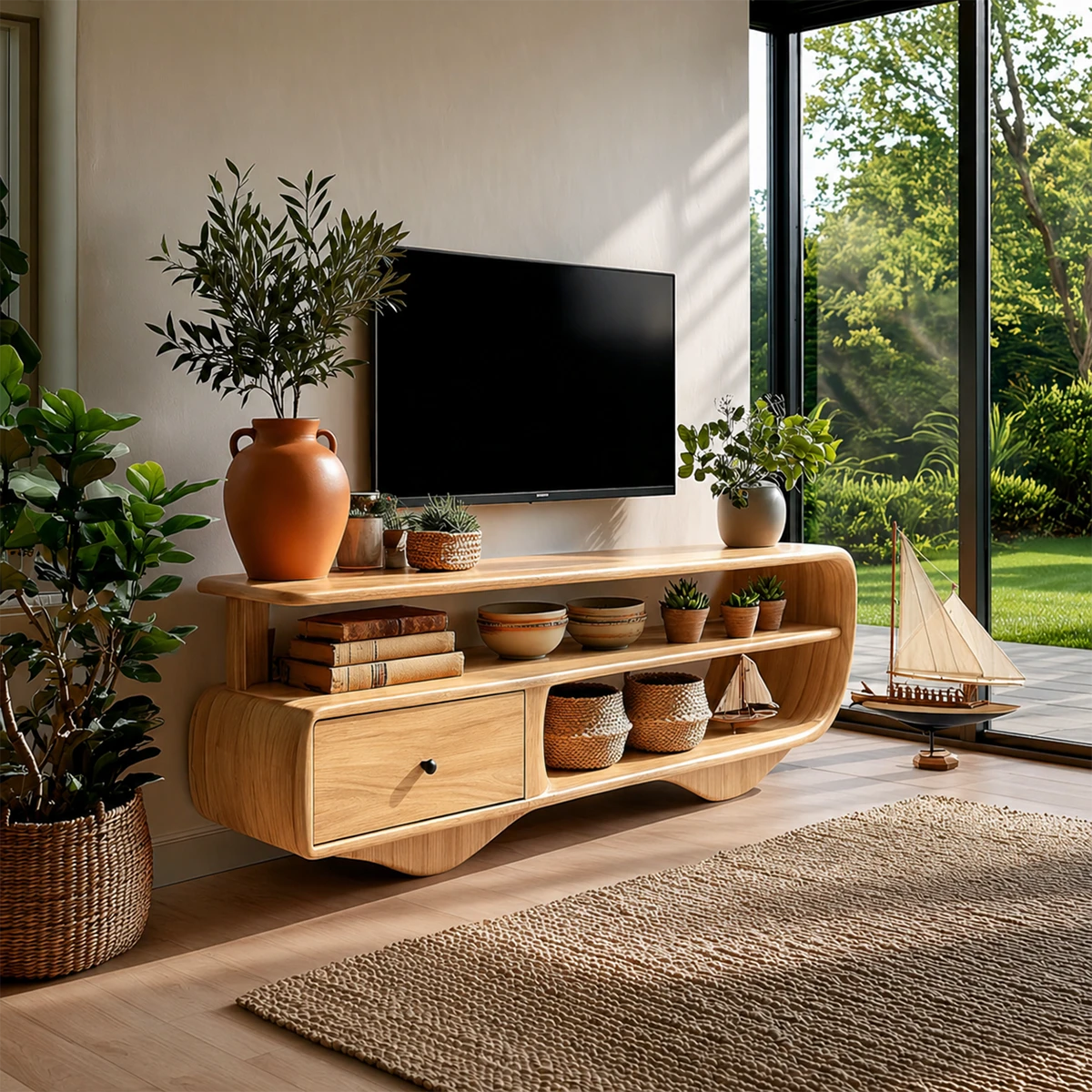Contemporary TV furniture with smooth curves and layered shelving in bright living room