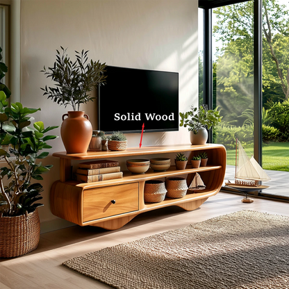 Functional entertainment unit with open shelf layout and soft curved edge design