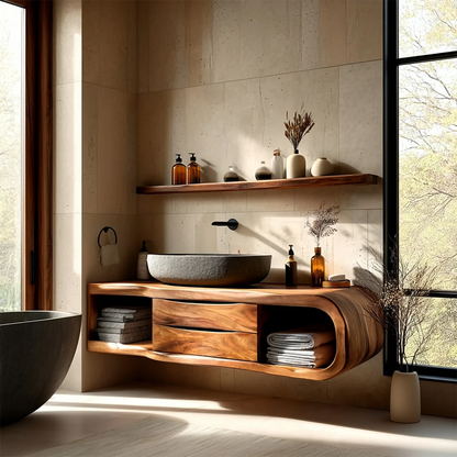 Curved floating vanity in brown tone – solid wood bathroom vanity