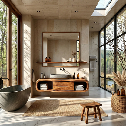 Minimal curved vanity in warm brown tone – modern bathroom vanity