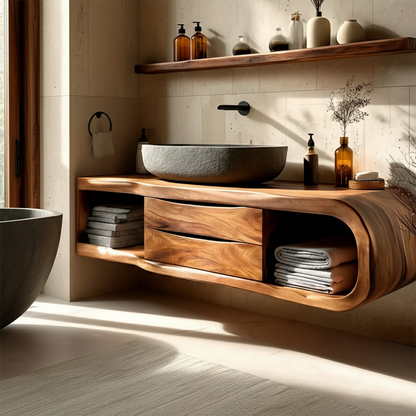 Rounded floating bathroom cabinet in brown tone – floating wood vanity