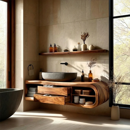 Curved bathroom cabinet with brown finish – solid wood bathroom cabinet