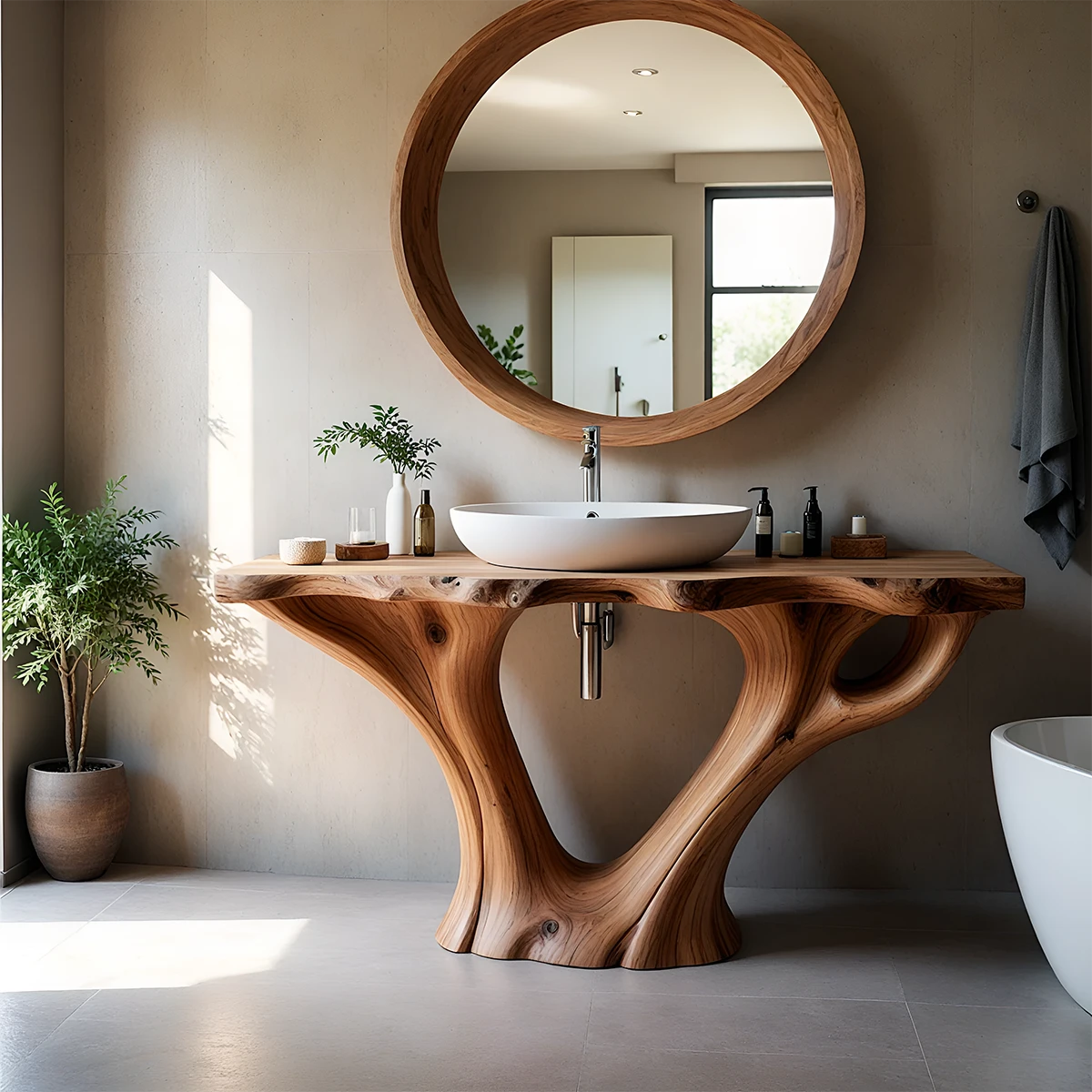 Organic brown wood bathroom vanity with sculptural base