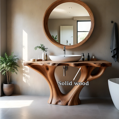 Brown wooden bathroom vanity with artistic base design