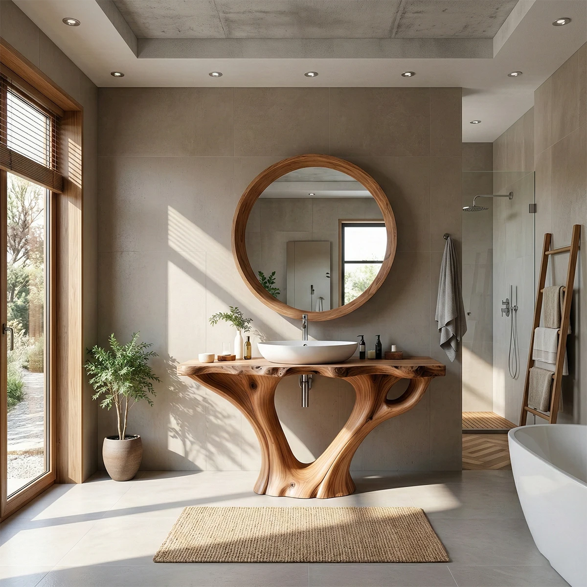 Solid wood bathroom vanity with organic curved support