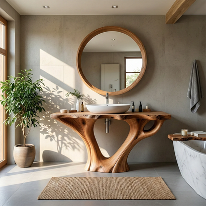 Natural brown wooden bathroom vanity with artistic base