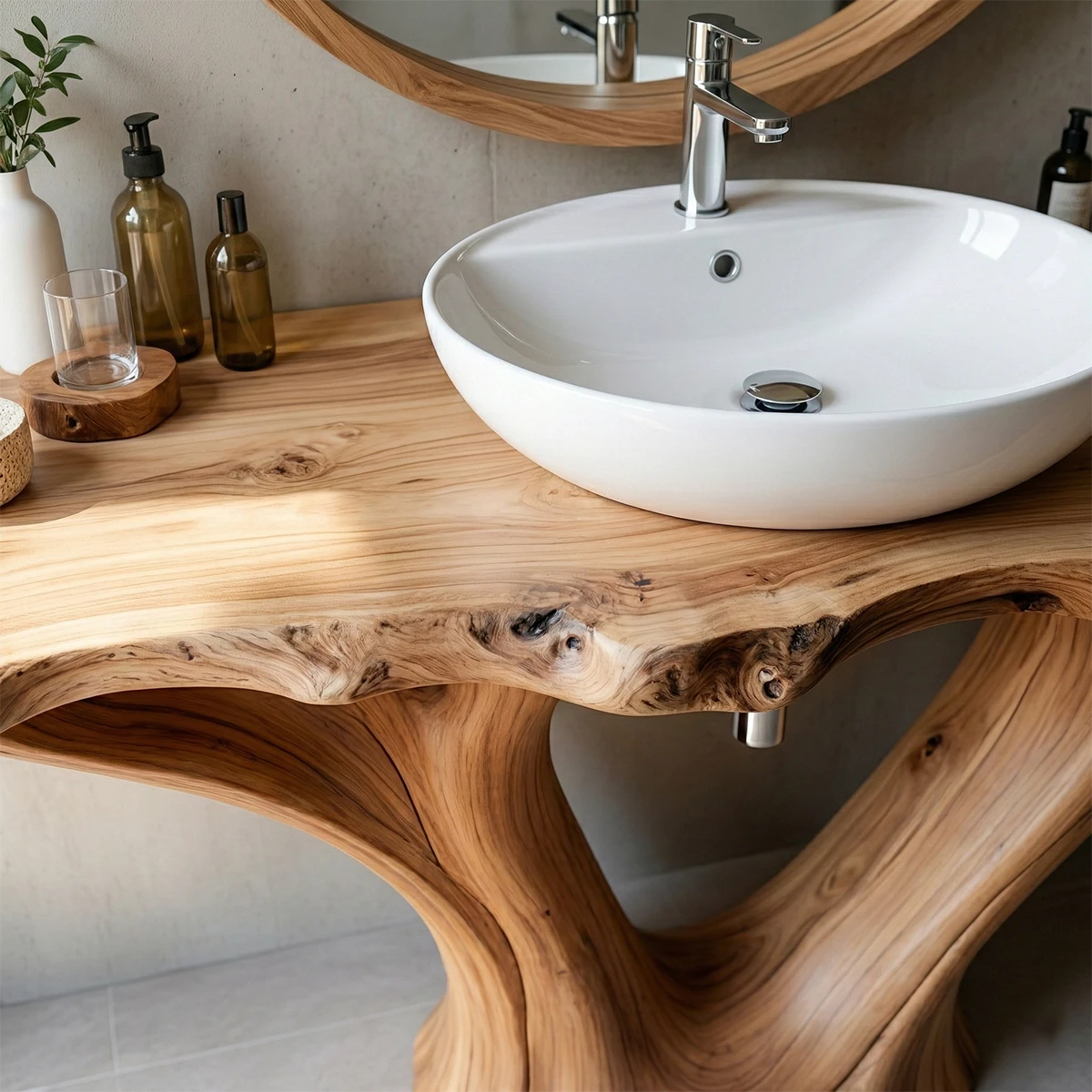 Minimalist brown wood vanity with organic structure