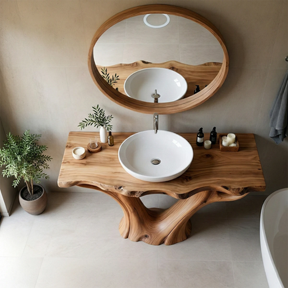 Sculptural brown wood vanity for modern bathroom