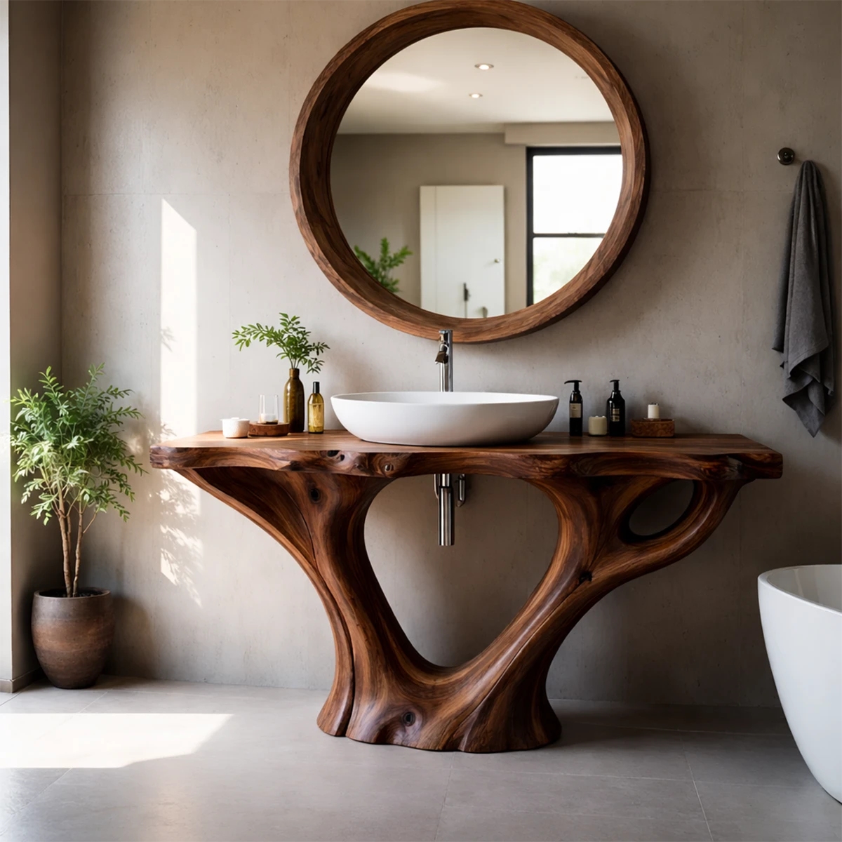 Elegant brown wooden vanity with flowing wood base