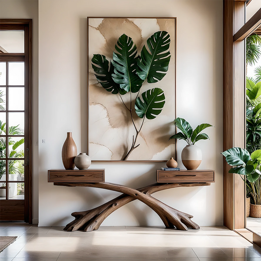 Modern entryway featuring a solid wood console table with organic branch base and clean design