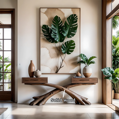 Elegant hallway design featuring a wood console table with sculptural base and smooth surface
