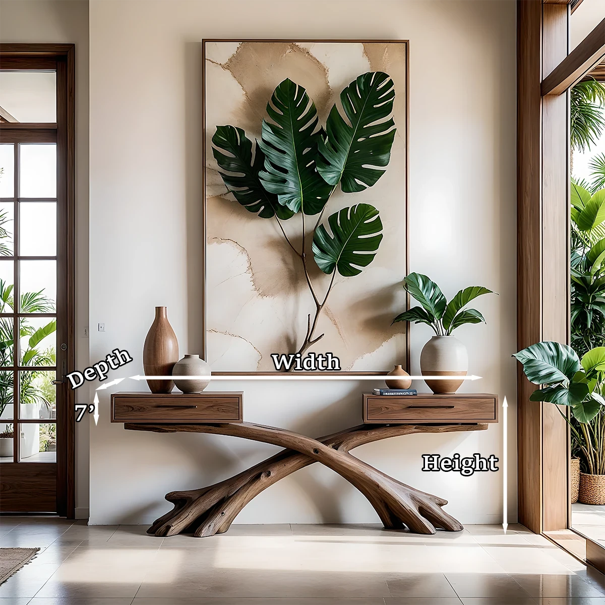 Handcrafted console table with organic wood form brings depth and texture to this entryway