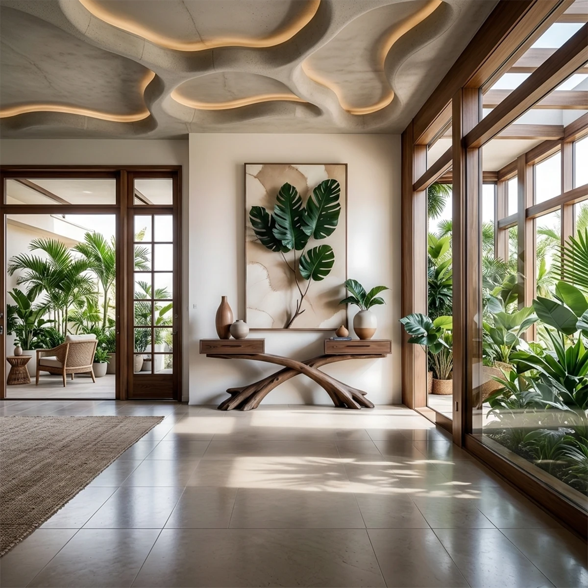 A sculptural console table with natural wood base adds character to this bright interior space