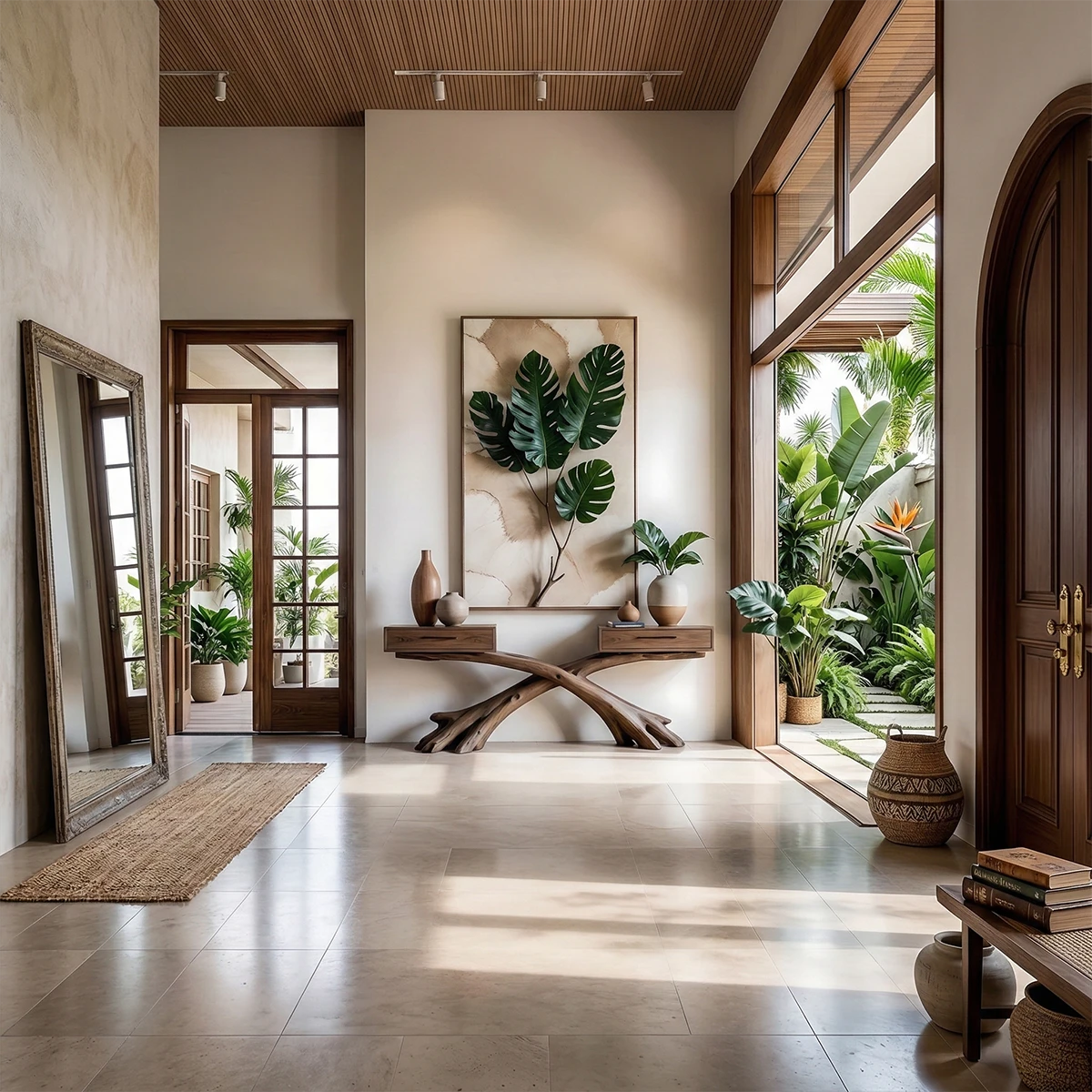Solid wood console table with branch inspired base placed in a refined and modern hallway