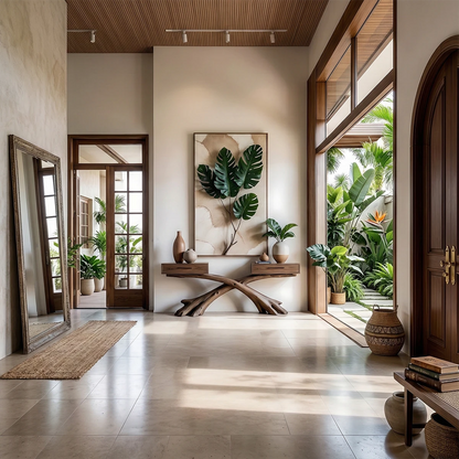 Solid wood console table with branch inspired base placed in a refined and modern hallway