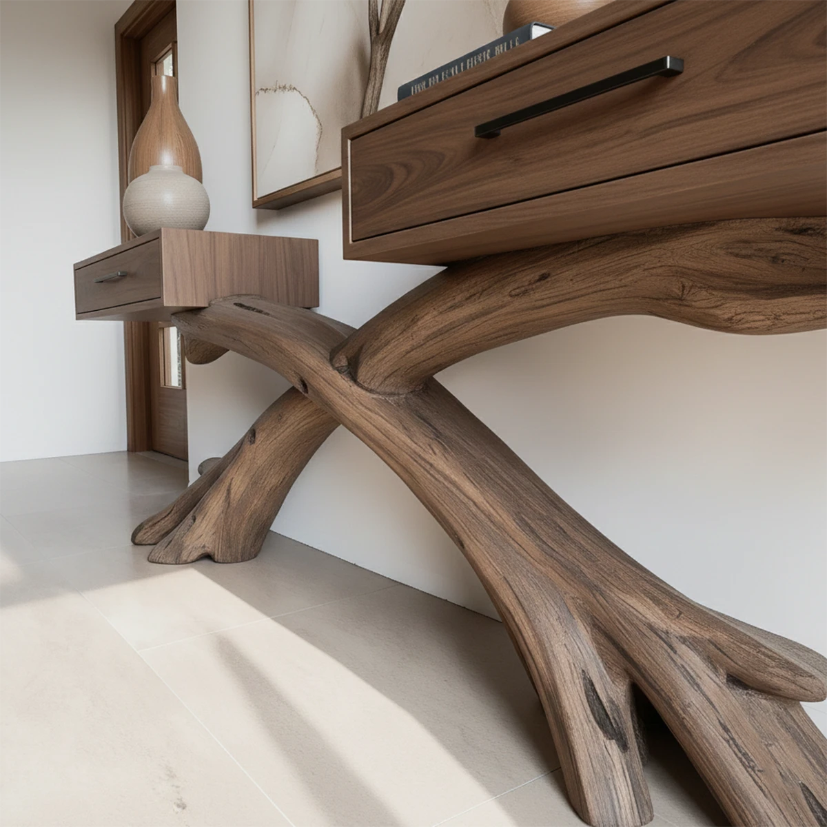 In this contemporary home, a console table with organic form creates a striking focal point