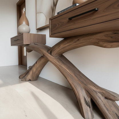 In this contemporary home, a console table with organic form creates a striking focal point