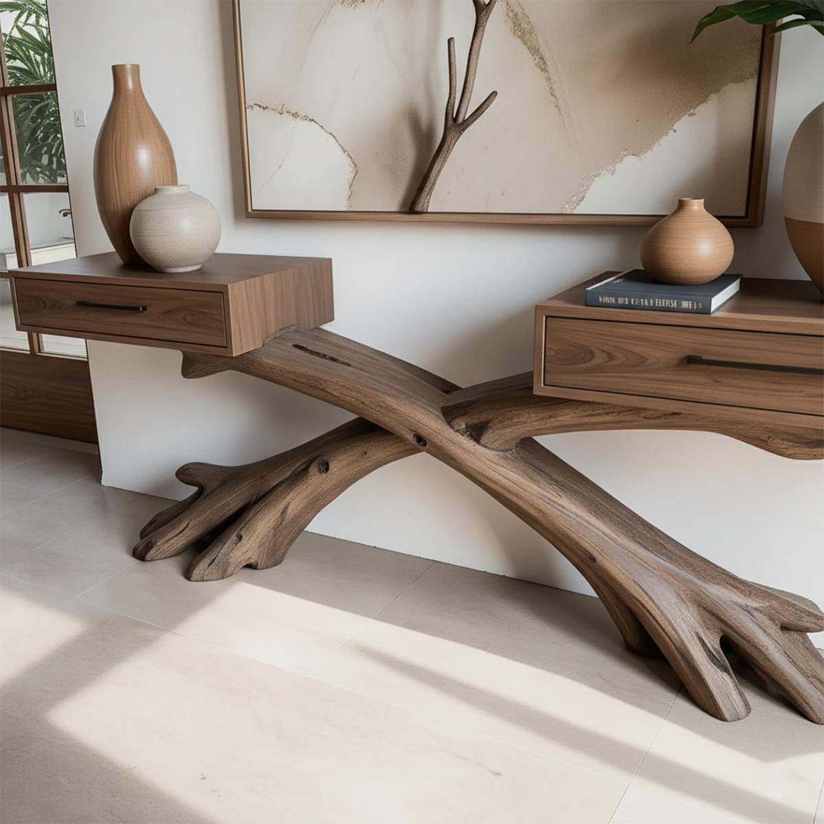 Natural wood console table with artistic base enhances this minimalist and elegant entryway